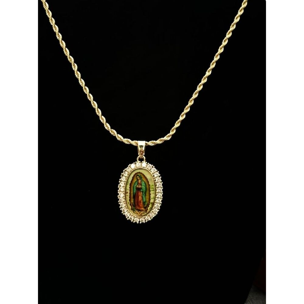 18K Gold Filled Virgin Mary Guadalupe Oval Enamel Pendant 2.5mm 18" Rope